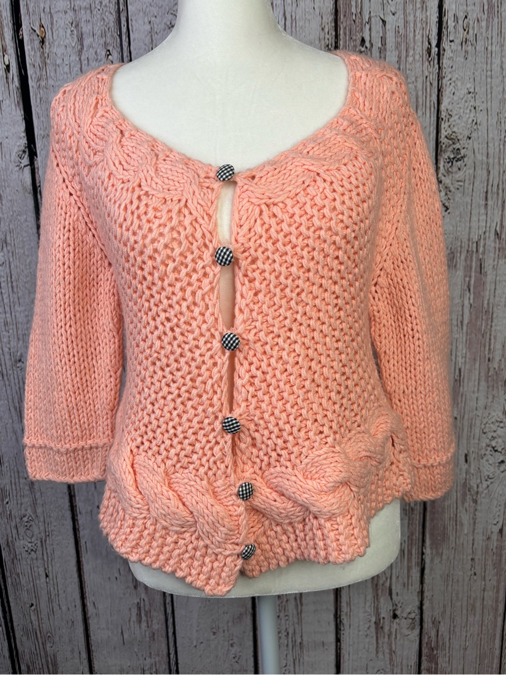 Free People Chunky Knit Cardigan Sweater Medium Peach Accent Buttons Acrylic